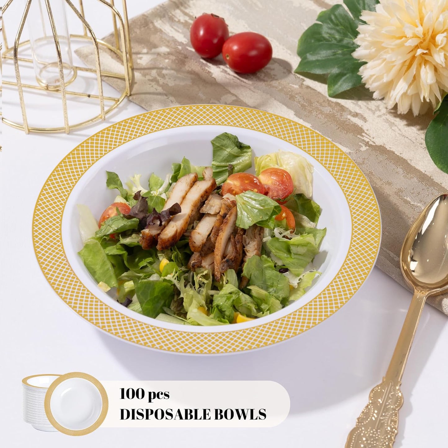 I00000 100 Gold Plastic Bowls, 12 oz White Disposable Bowls,Fancy Plastic Salad Bowl,Premium Heavy Duty Disposable Soup Bowl for Parties,Weddings,Dinners, Catering, Picnics