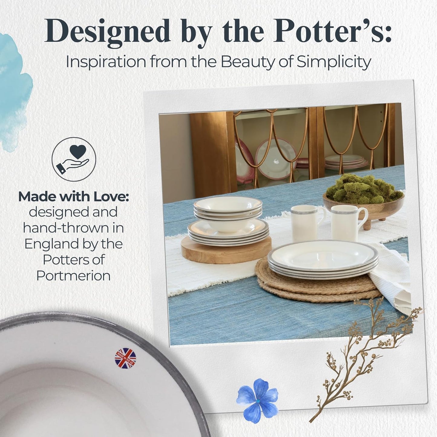 Portmeirion Potter's Brushstroke Oatmeal Bowls (Set of 4) - Elegant Earthenware for Breakfast, Lunch & Dessert - Microwave & Dishwasher Safe Bowls, Handcrafted Stackable Bowl Collection (Grey)