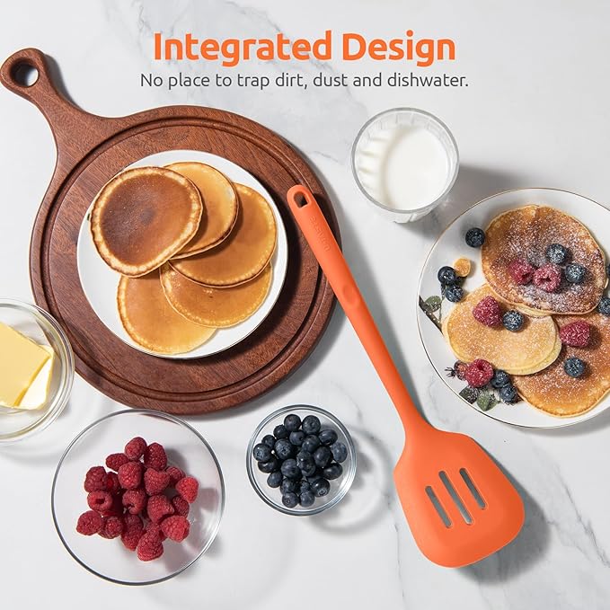 600ºF Heat Resistant Slotted Turner: U-Taste 13.6in Silicone Kitchen Spatula Flipper, 3.74in Wide Food Grade Flexible Thin Rubber Cooking Utensil for Egg, Pancake, Cookie in Nonstick Cookware (Orange)