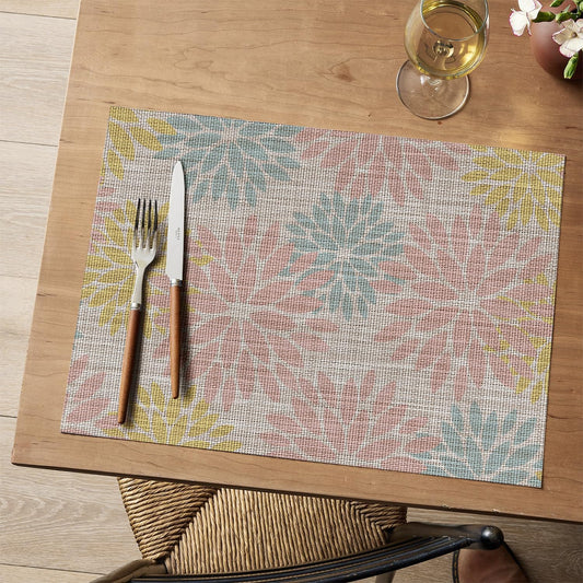 Artoid Mode Floral Vinyl Placemats Set of 4, 12x18 Inch Heat Resistant Washable Non-Slip Plistic PVC Place Mats for Party Kitchen Dining Decor, Pink Blue