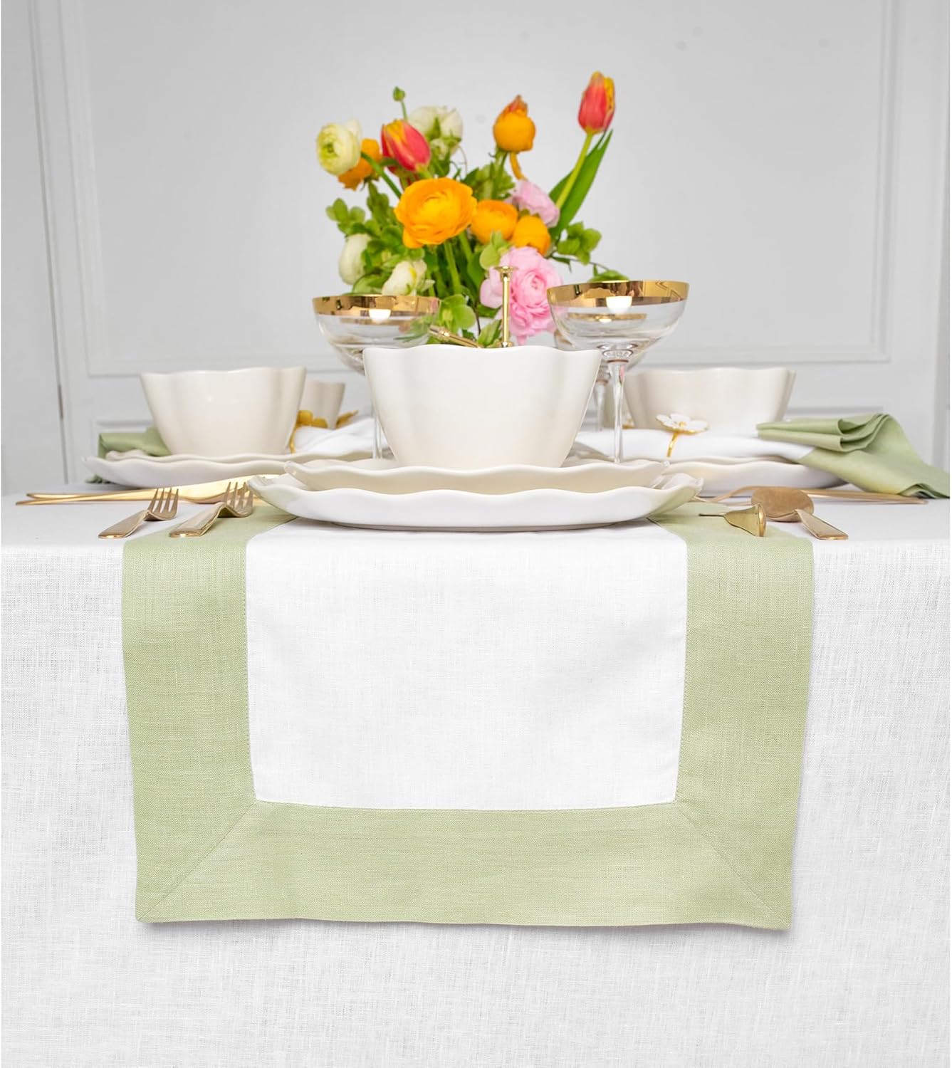 Solino Home Linen Table Runner 108 Inches Long - 100% Pure Linen Sage Green and White Dining Table Runner 14 x 108 Inch for Fall, Autumn, Thanksgiving, Christmas - Contempo