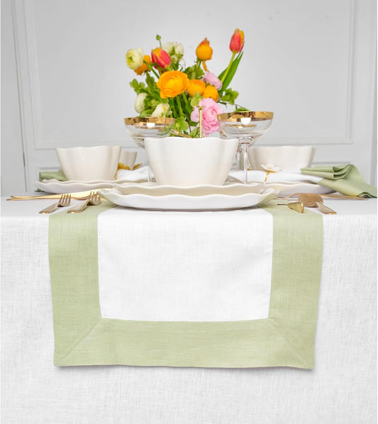 Solino Home Linen Table Runner 60 Inches - 100% Pure Linen Sage Green and White Table Runner 14 x 60 Inch Ideal for Dresser and Coffee Tables - Fall, Autumn, Thanksgiving, Christmas - Contempo