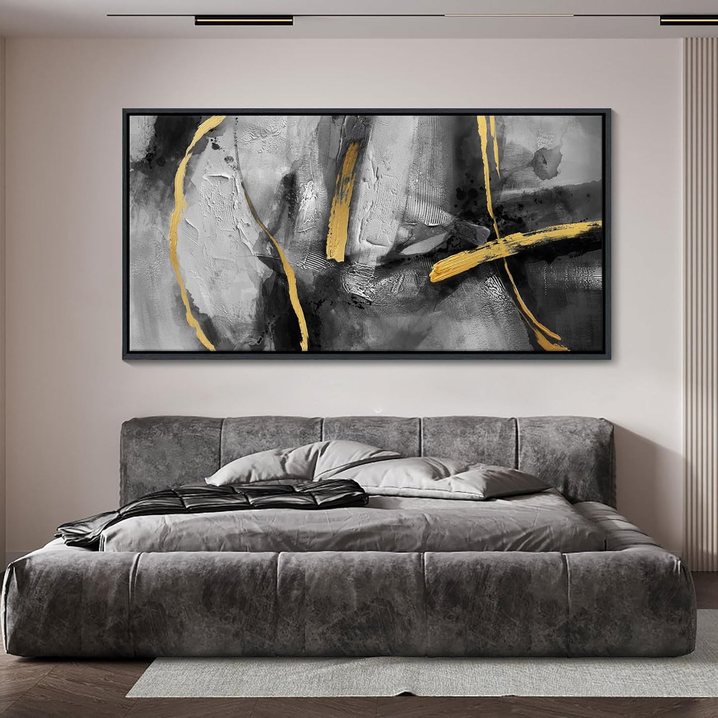 Large Framed Wall Art Decor - Abstract Black and Gray Wall Pictures Living Room Hand-Painted Dream Painting Golden Canvas Prints as Bedroom Kitchen Dining Room Cafe Home Decor 24X48 In