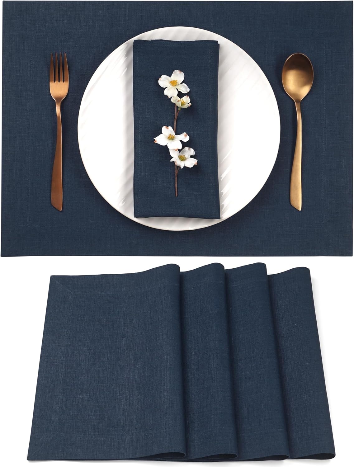 D'Moksha Homes Linen Navy Blue Placemats Set of 4-100% Pure Linen Placemats 14 x 19 Inch for Fall, Autumn and Halloween - Handcrafted and Machine Washable