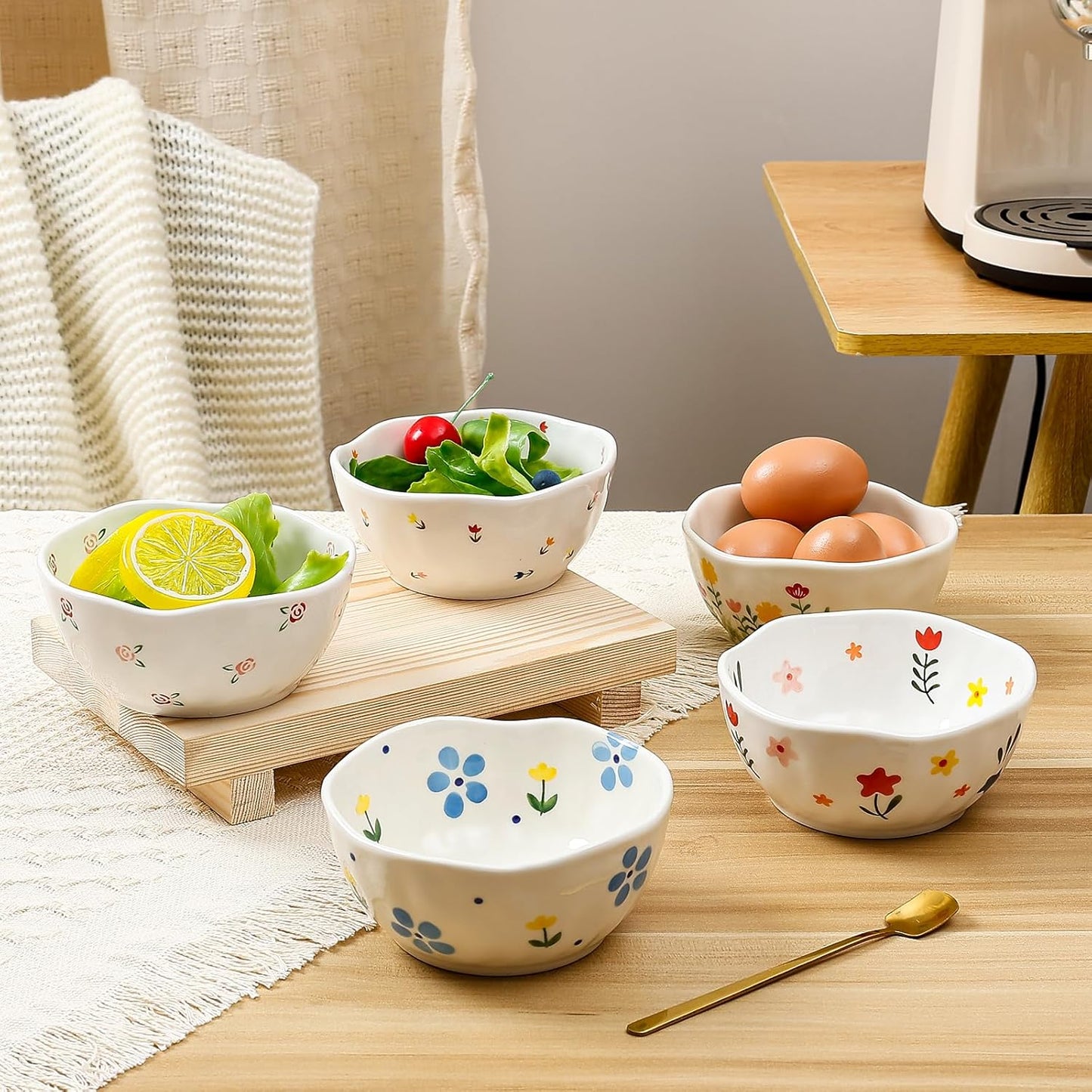 Koythin Ceramic Cereal Bowl, Cute Flowers Pattern Kitchen Bowls for Cereal, Salad, Pasta, Soup, Dessert, Serving, Home Decor, Microwave and Dishwasher Safe (Yellow Tulip)