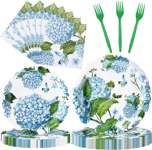 100 Pieces Blue Hydrangea Tableware Set Party Supplies – Floral Themed Disposable Dinnerware with Paper Plates, Napkins, and Forks for Birthdays, Weddings, Garden Parties – Serves 25