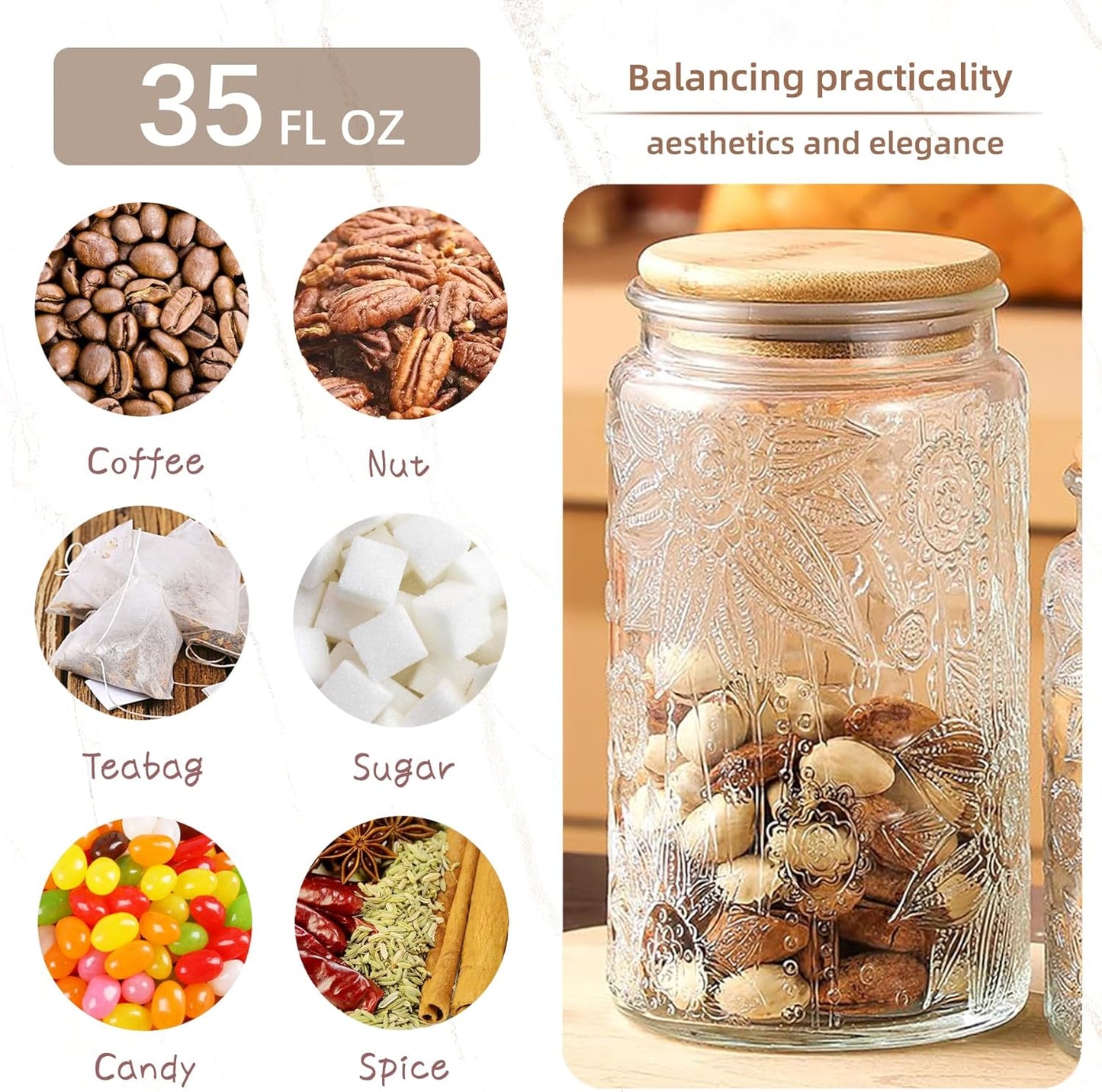Glass Storage Jars with Airtight Bamboo Lid, 35 FL oz - Decorative Food Canisters for Kitchen Counter, Ideal for Sugar, Coffee, Tea, Candy, Cookies (35oz Large Sunflower)