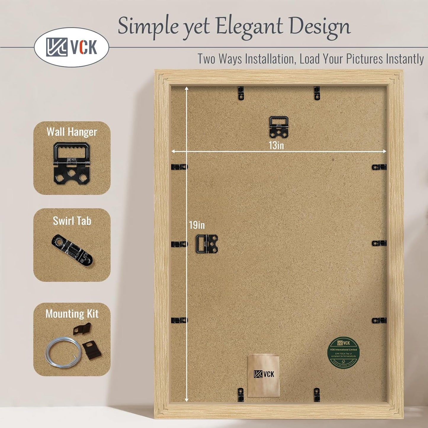 VCK 13x19 Oak Wood Frame for Poster & Picture, Natural Solid Wood Photo Frames 5 Pack, Wall Gallery Frame