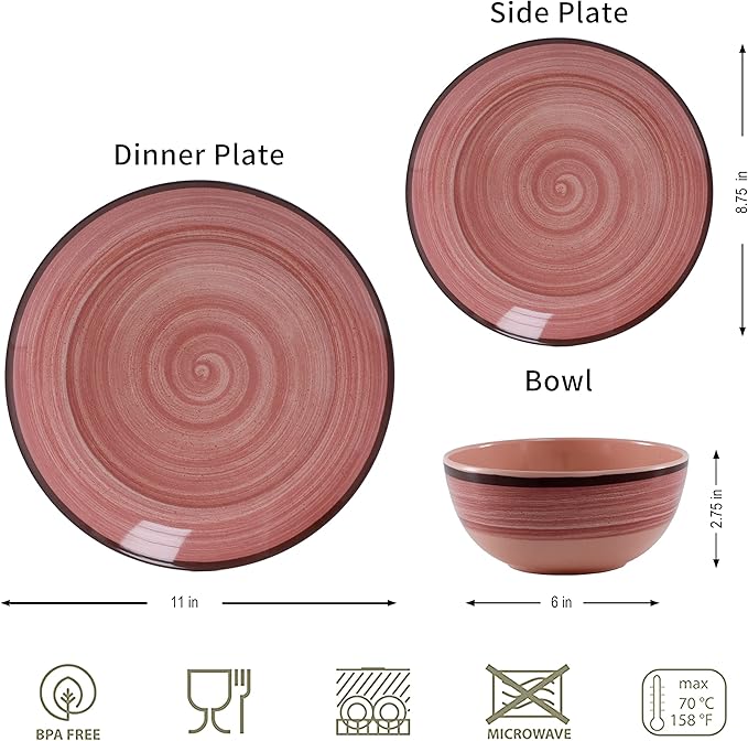 12Pcs Melamine Dinnerware Set, Plates And Bowls Sets for 4, Pink Color Dinnerware Sets, Melamine Plates Bowls Indoor and Outdoor Use Dish Set Dishwasher Safe BPA Free(Pink)