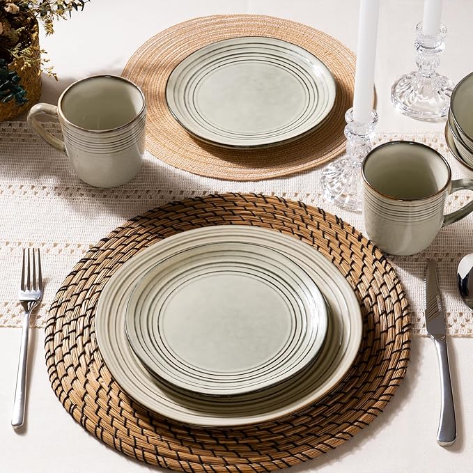 Famiware Plates and Bowls Sets 24-Piece Stoneware Dinnerware Sets, Dishes Set for 8, Hand-made Reactive Glaze Dish Set, Twilight Series, Terre-verte