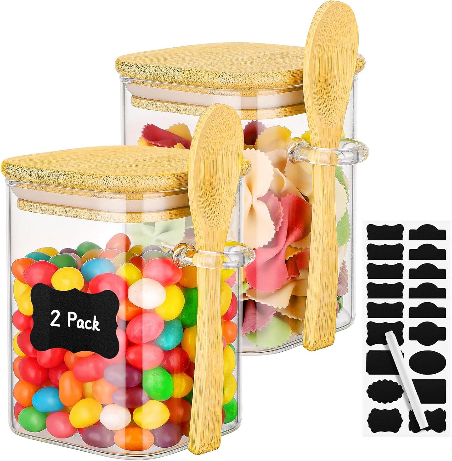 Glass Jars with Bamboo Lids and Spoons - 2 Pack 15 Fl.oz Square Glass Overnight Oat Jars with Airtight Lid, Clear Pantry Storage Container Food Canister for Spice, Loose Tea, Coffee, Sugar