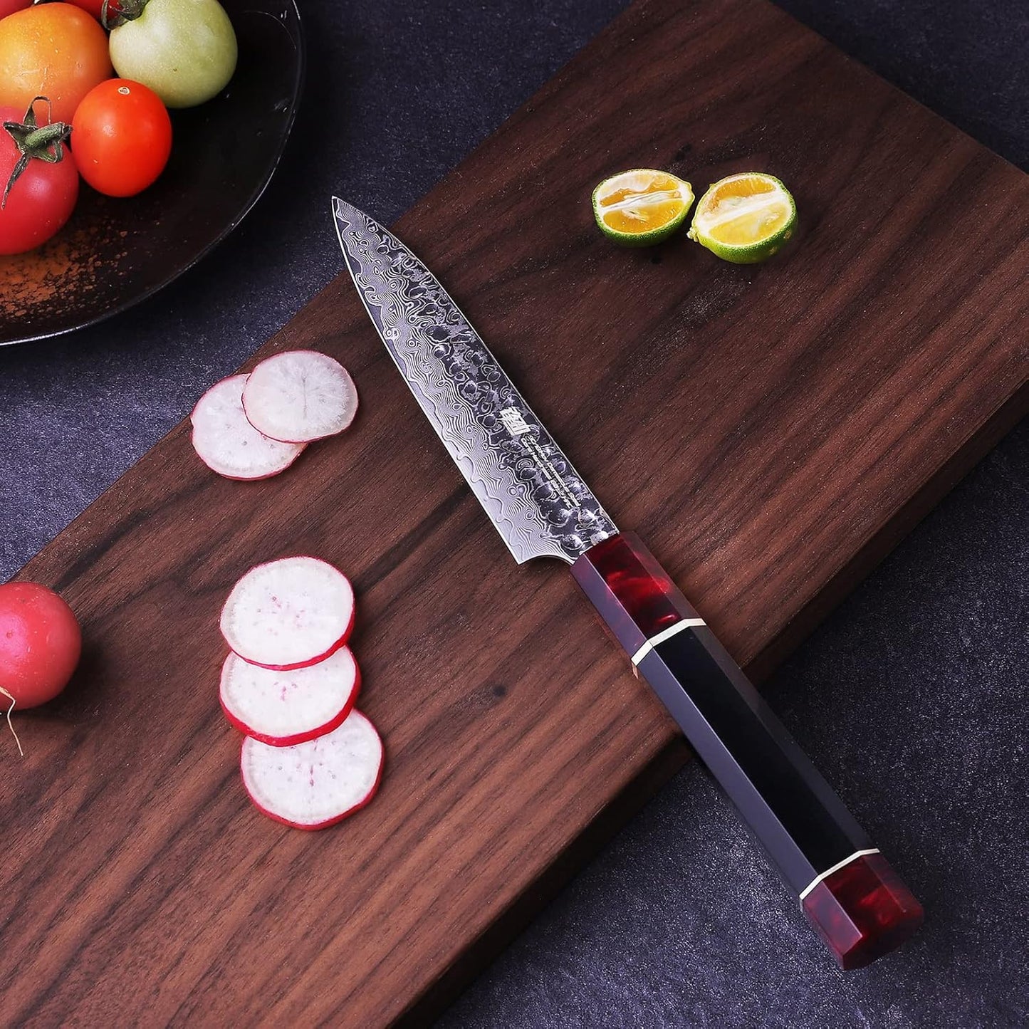 FINDKING 5 Inch Kitchen Utility Knife with ABS sheath, Multi-Purpose Japanese Paring Knife, Damascus Steel Blade, Resin Octagonal Handle, Small, for Fruits Vegetables (Eternity Series)