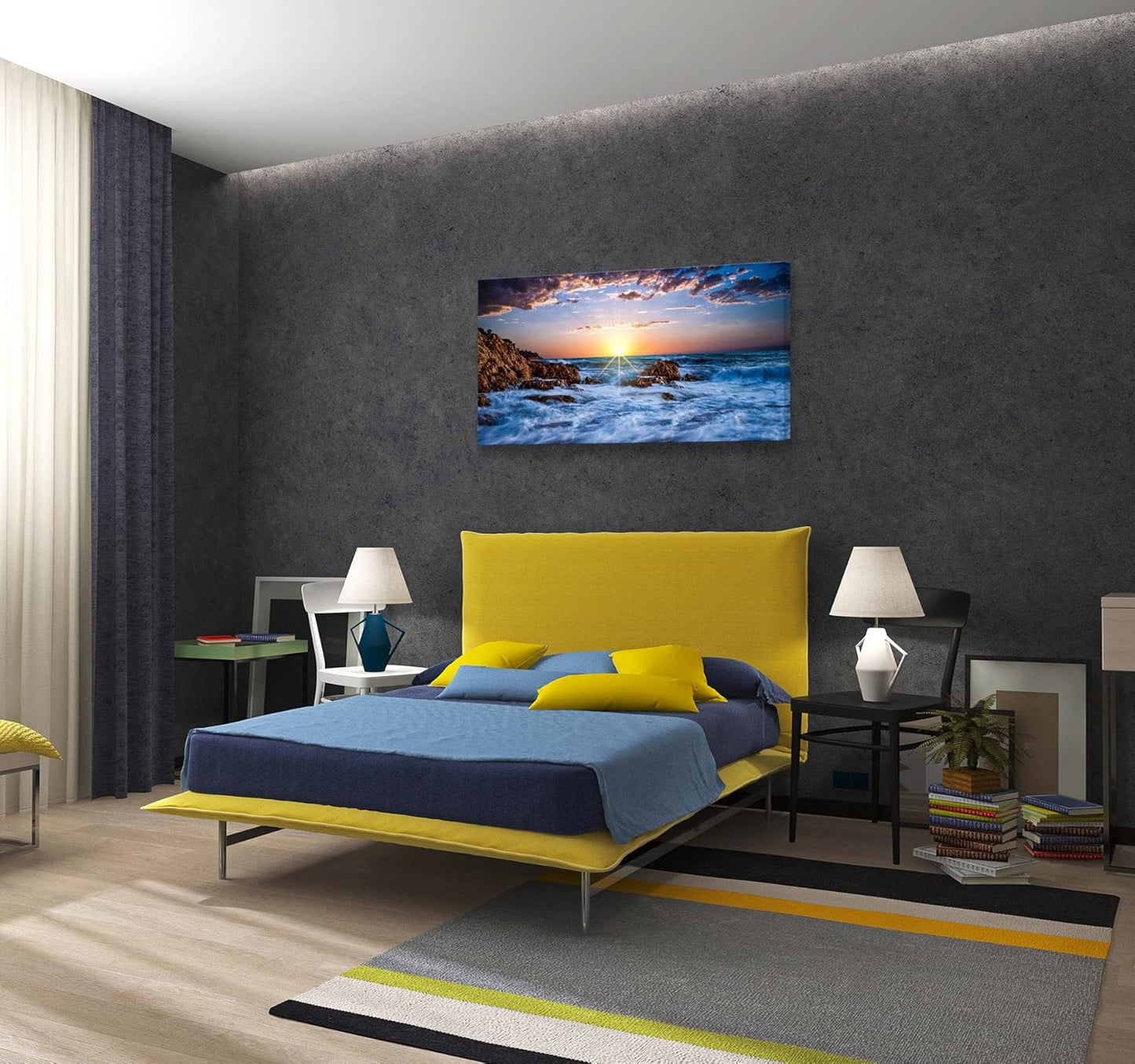 Muolunna BK05850 Wall Art Decor Canvas Print Picture Sunset Blue Ocean 1 Panel Sea Waves Scenery Painting Artwork for Office Wall Decor Home Decoration Stretched and Framed Ready to Hang 20x40inch