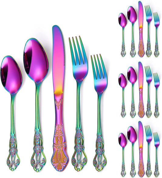 Retro Silverware Rainbow Set for 4 Stainless Steel Flatware 20 Pieces include Knives Spoons Forks With Vintage Relief Design Handle Durable Elegant Festival Parties Kitchen Utensils