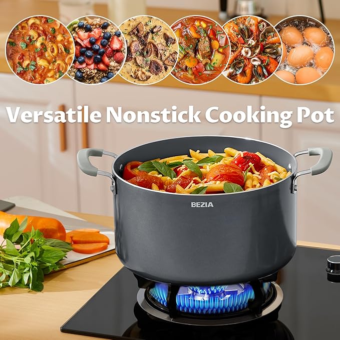 6 Quart Pot with Lid, BEZIA Ceramic Nonstick Stock Pot with Lid, Induction Ready, Large Cooking Pot with Silicone Handle, Compatible with All Cooktops, Dishwasher Safe