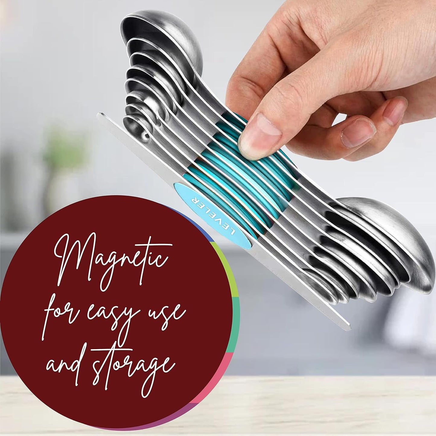 Magnetic Measuring Spoons Set of 9 Stainless Steel Dual-Sided Stackable Measuring Spoon Nesting Teaspoons Measuring Dry and Liquid Ingredients, Fits in Spice Jars Set of 9 (Blue Aqua Sky)