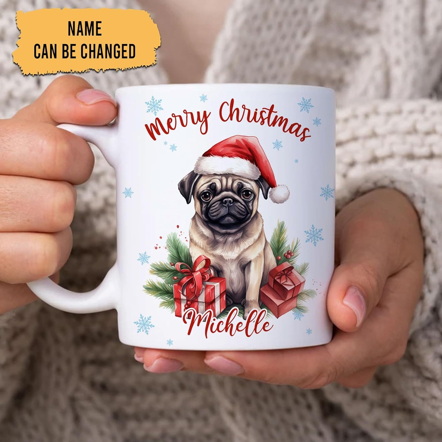 Hyturtle Personalized Gifts Dog Lover - Pug Merry Christmas Custom Name Ceramic Coffee Mug Cup 11oz - Cute Animal Lovers Gifts For Women, Girl kids Family On Birthday, Christmas