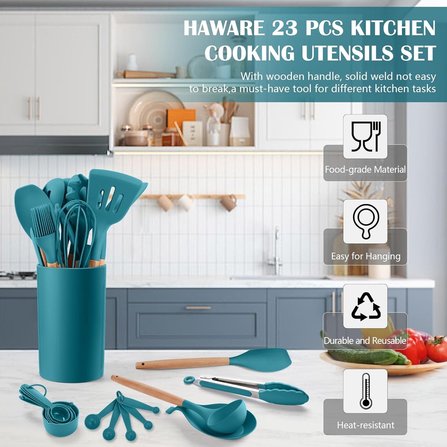 HaWare Kitchen Cooking Utensils Set, 23-Piece Silicone Kitchen Utensils Spatula Set with Holder, Heat Resistant Wooden Handle Kitchen Gadget for Nonstick Cookware, Food-grade Turner Spoon Sets (Blue)