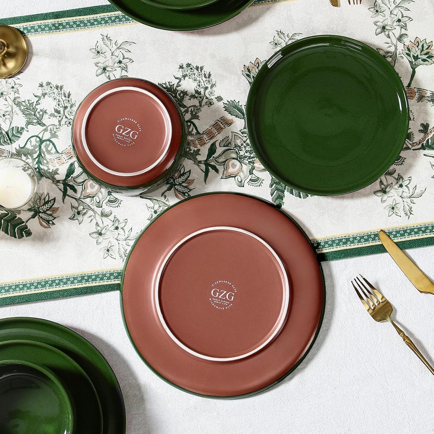 GZG Modern Art Series - 18 Pcs Speckled Stoneware Plates and Bowls Sets, Ceramic Dinnerware Set with Rustic Terracotta Underside, Microwave and Dishwasher Safe Handcrafted Dishes Set - Verdant Green