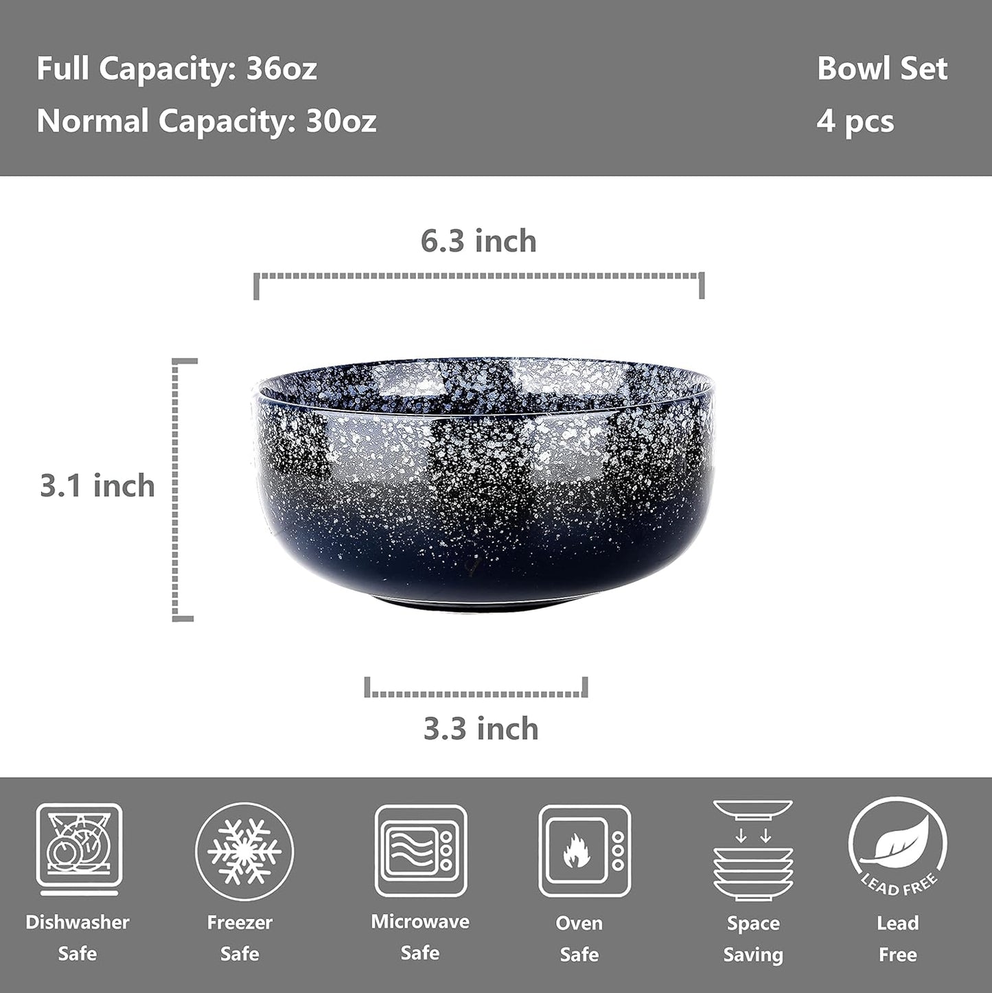 S&Q'S CERAMICS Bowl Set of 4, 36 Ounce Kitchen Bowls for Soup, Large Cereal, Breakfast, Oatmeal, Microwave and Dishwasher Safe, [Set of 4], (Navy Blue)