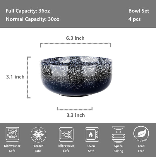 S&Q'S CERAMICS Bowl Set of 4, 36 Ounce Kitchen Bowls for Soup, Large Cereal, Breakfast, Oatmeal, Microwave and Dishwasher Safe, [Set of 4], (Navy Blue)