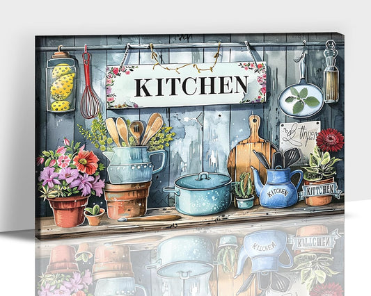 GUTTATY Kitchen Pictures Wall Decor, Farmhouse Wall Art Colorful Flowers and Various Spoons Painting for Dinning Room Restaurant Decor, Mother's Day Gift for Grandma Mom Hanging Artwork 32×48 Inch