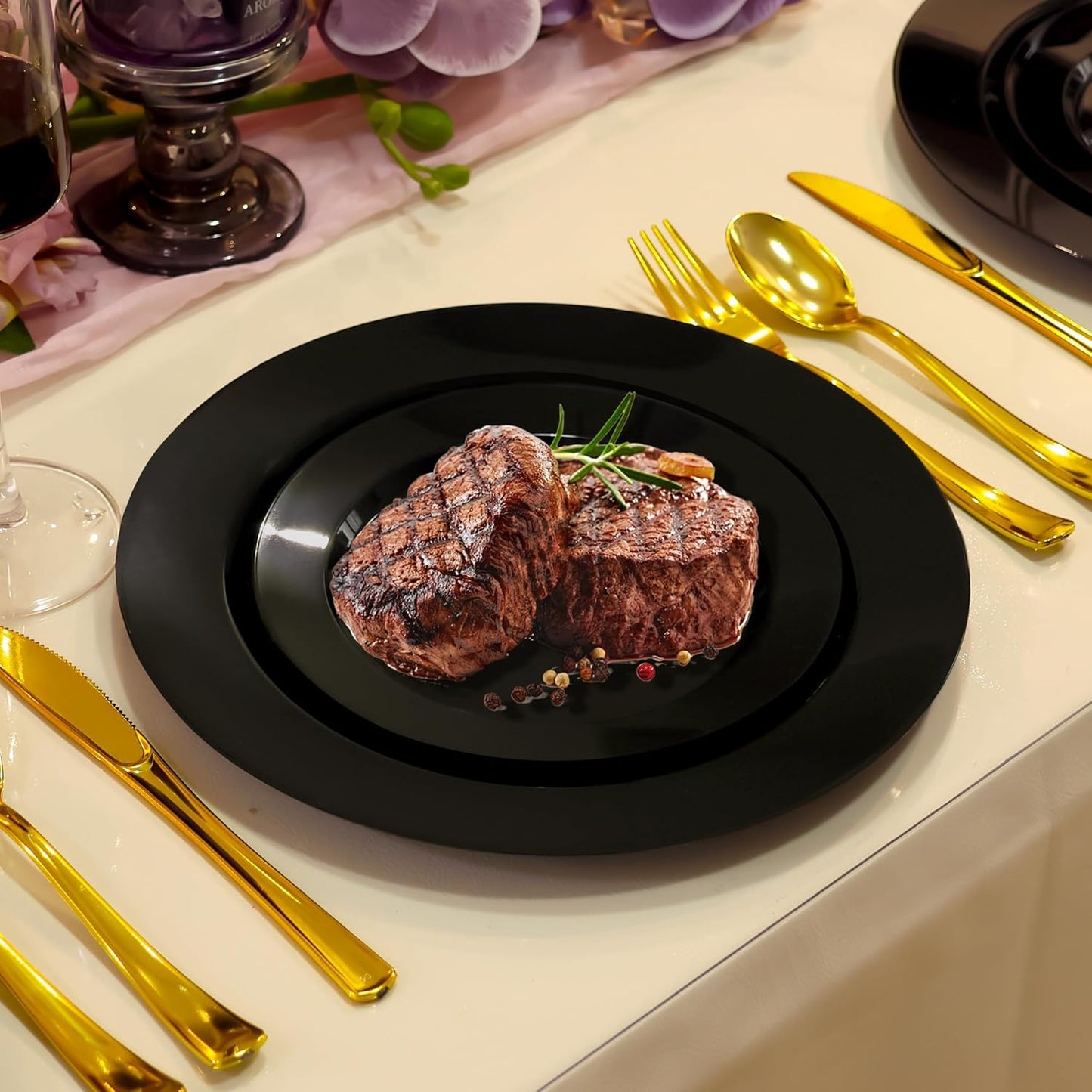 60 PCS Black Plastic Plates, Plastic Halloween Disposable Plates Include 30 10 inch Dinner Plate and 30 7 inch Dessert Plate Perfect for Party, Wedding,Halloween