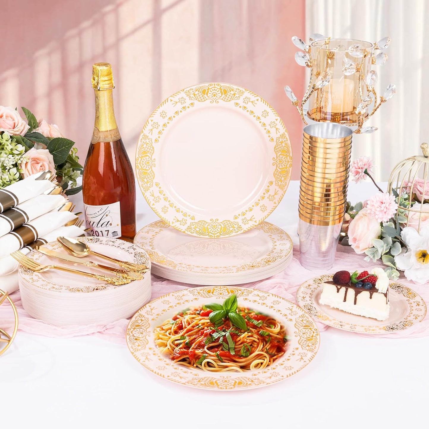 GATHER 350PCS Pink and Gold Plastic Plates - Gold Disposable Dinnerware Set Include 50 Dinner Plates, 50 Dessert Plates, 150 Plastic Silverware, 50 Napkins, 50 Cups for Party & Wedding