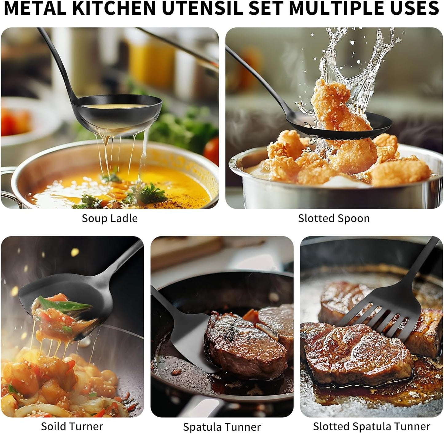 304 Stainlss Steel Kitchen Utensils Set, 10 Pcs Metal Cooking Utensil, Matte Kitchen Gadget Cookware and Kitchen Tool Set, Dishwasher Safe(Black)