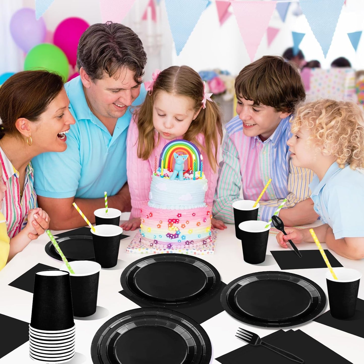 TWOWYHI 228PCS Black Party Supplies Set Include Paper Plates Cups Black Napkins Plastic Spoons Forks Knives for 30 Guests Disposable Party Dinnerware for Birthday Wedding Family Picnic