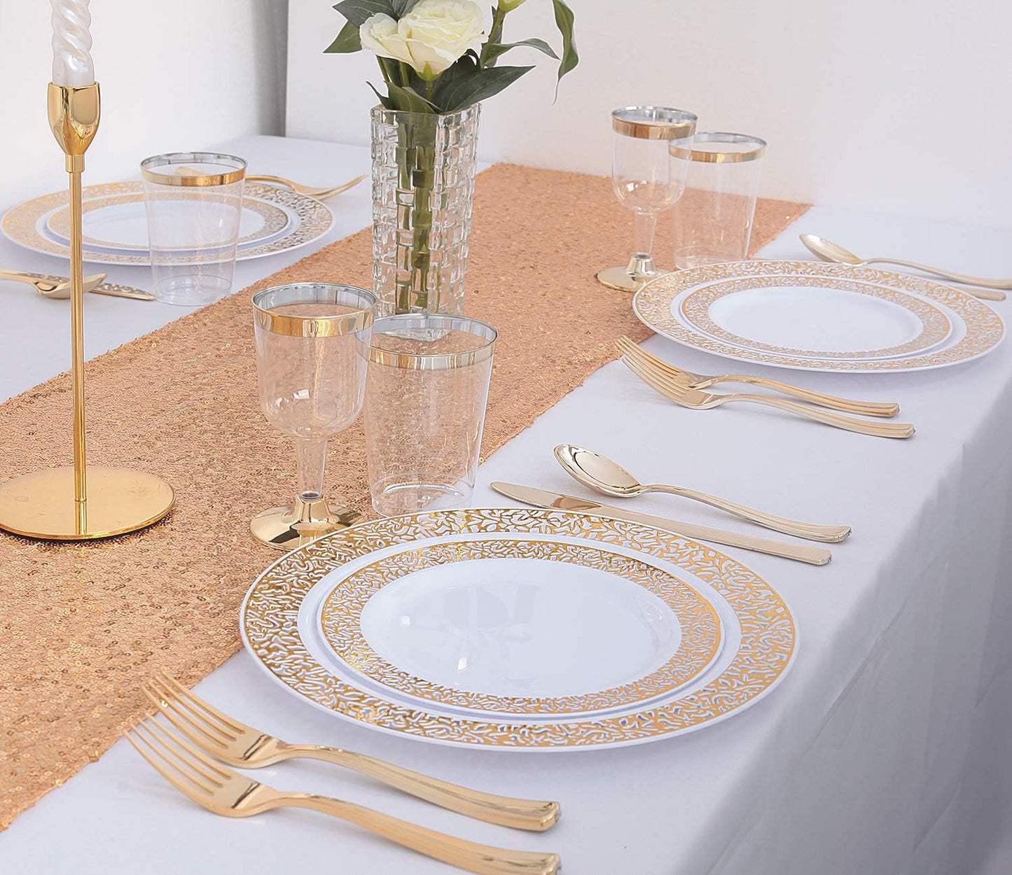 WDF 150PCS Gold Thanksgiving Plastic Plates Set Fall Plastic Plates 25Guests Gold Disposable Dinnerware Sets for Thanksgiving
