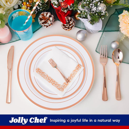 250 Count Rose Gold Disposable Plastic Dinnerware Set, 50 Rose Gold Plastic Plates, 25 Silverware, 25 Cups and Straws, 50 Napkins, Perfect for Wedding Party