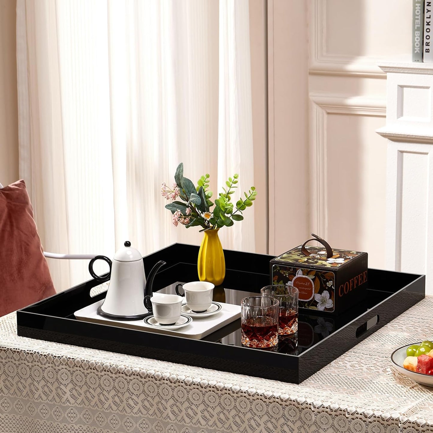 22×22 inches Oversized Black Acrylic Ottoman Tray Extra Large Decorative Tray Spill-Proof Serving Trays with Handles King-Size Safe Edge Organizer for Coffee Table Countertop Breakfast