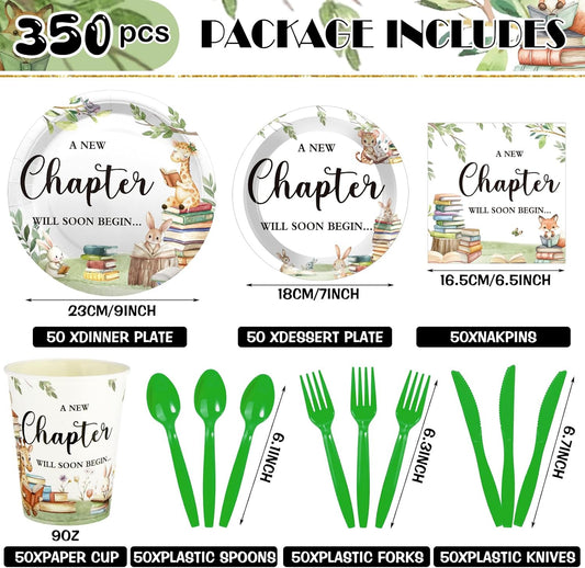 Dandat 350 Pcs Baby Shower Plates Set Baby Shower Party Supplies Serves 50 Tableware Sets Include Plates Napkin Cup Forks Knives Spoons Disposable Dinnerware(Storybook,Green)