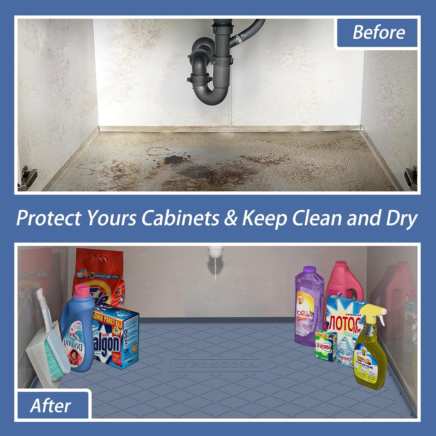 URMONA Under Sink Mat for Kitchen Waterproof, 40" x 22" Silicone Under Sink Mat for Shelf Liner Organizer, Cabinet Sink Protector Under Sink Liner for Bottom Kitchen, Bathroom(Light Grey)