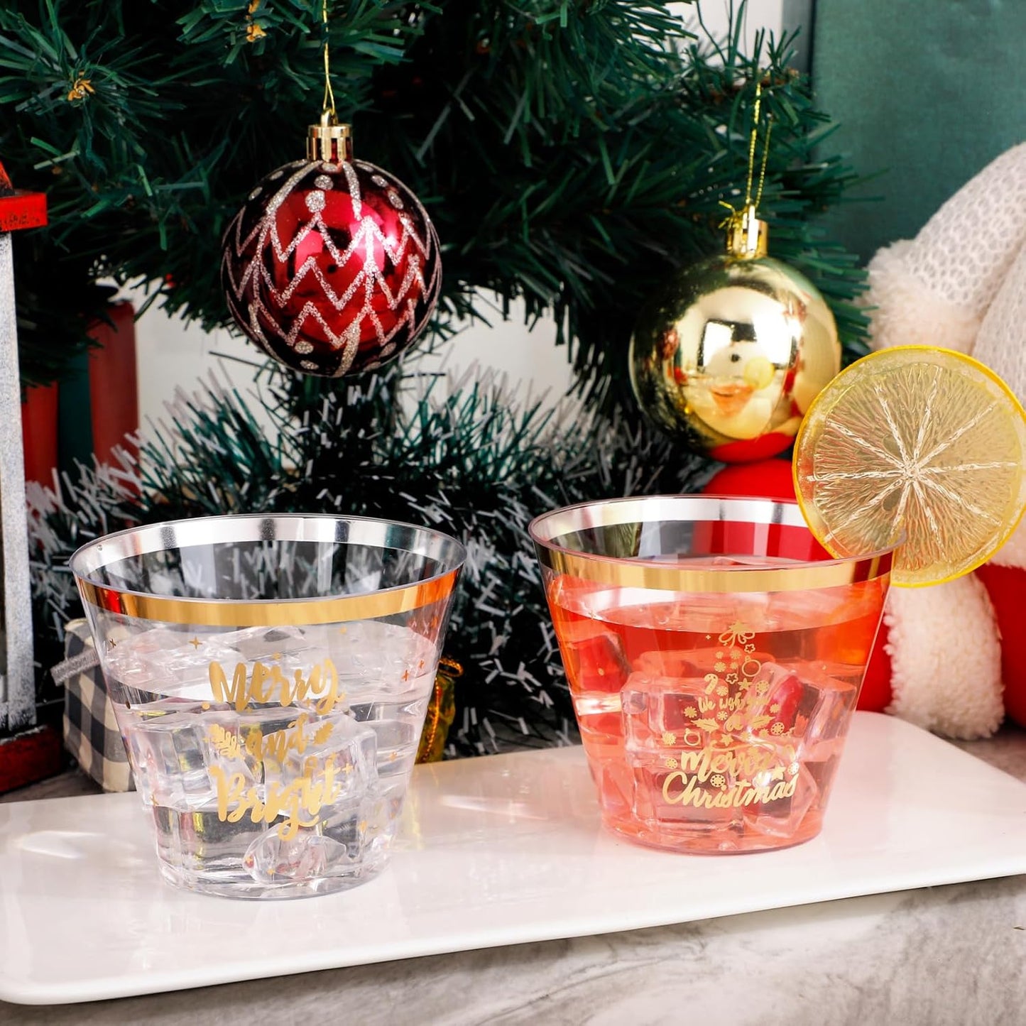 I00000 60 Pcs 9 oz Christmas Plastic Cups - Merry Christmas Party Cups - Gold Disposable Cups for Party Decoration - Cups Party Supply Drinkwear for Beer/Beverage/Snacks