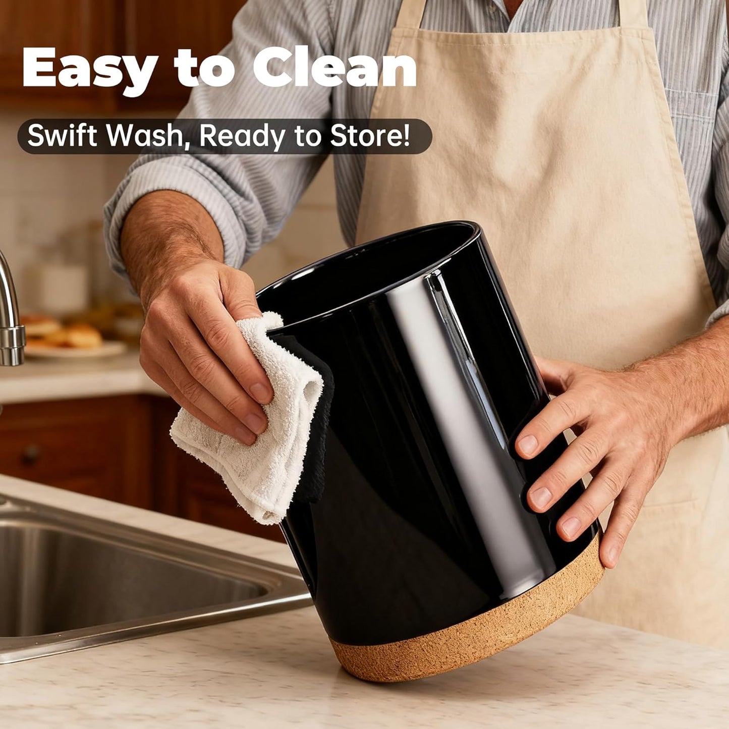 Ceramic Kitchen Utensil Holder for Countertop, Modern Crock with Non-Slip Cork Base, Counter Organizer for Cooking Tools 、Black