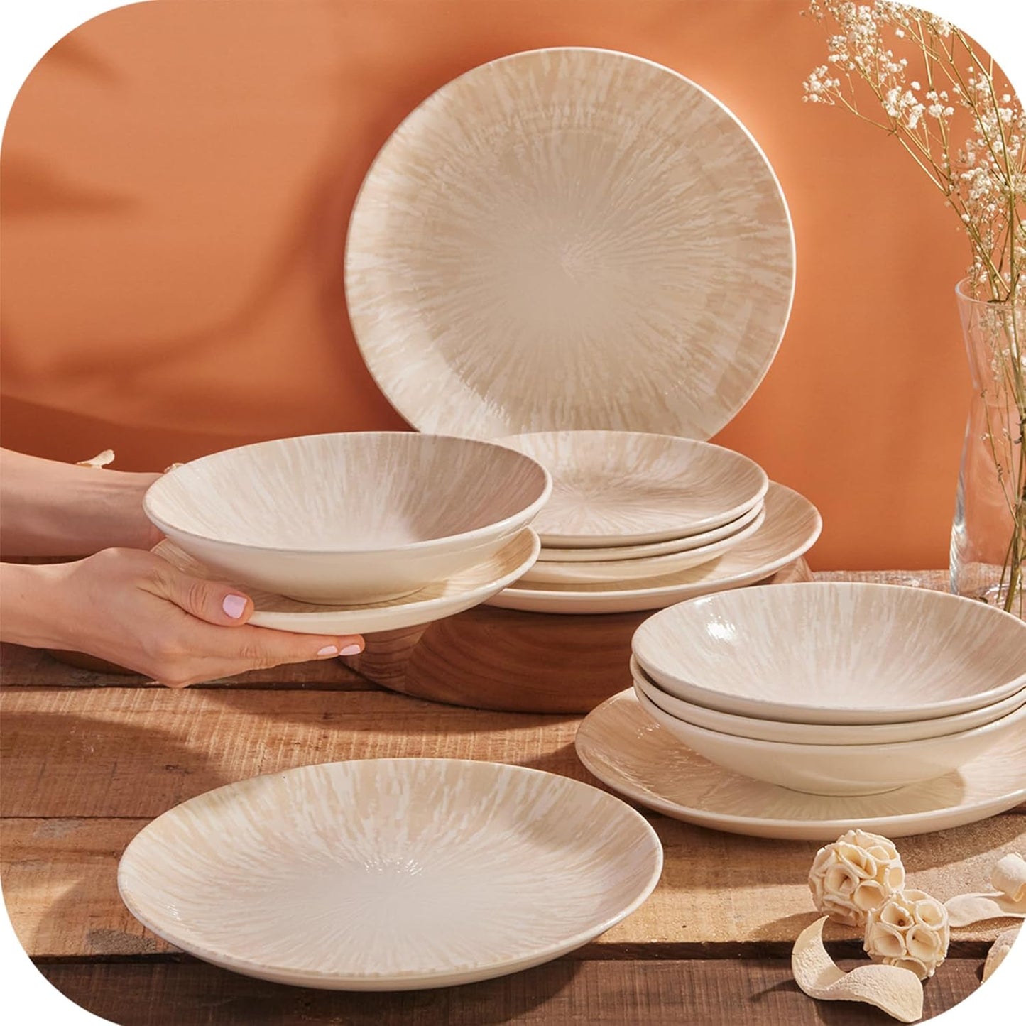 Corona 12-Piece Light Sandy Beige Ceramic Dinnerware Sets, Plates and Bowls, Service For 4, Nyssa