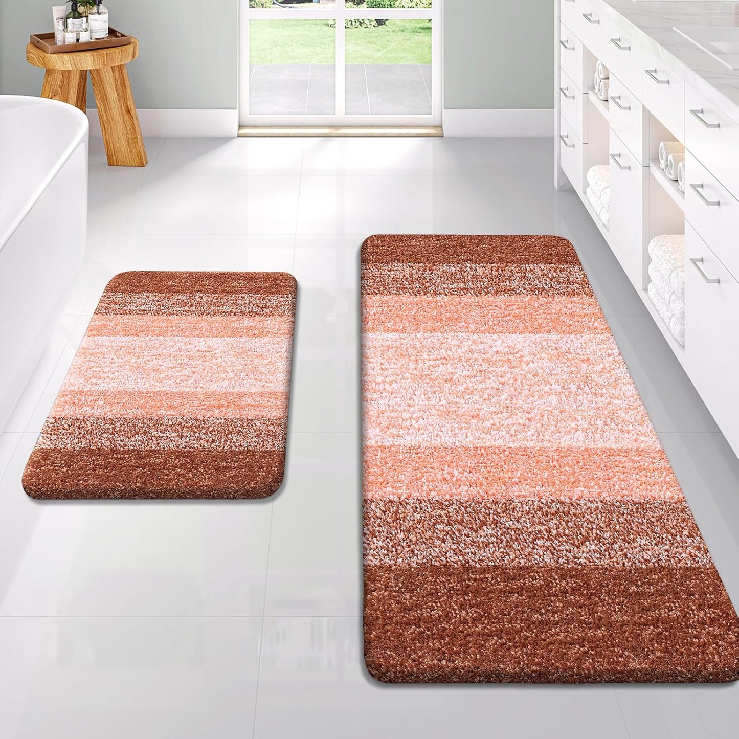 OLANLY Bathroom Rug Set 2 Piece, Soft Absorbent Microfiber Bath Rug Set, Non-Slip, Machine Wash Dry, Plush Shaggy Bath Mats for Bathroom (47"x20"+24"x16", Orange)