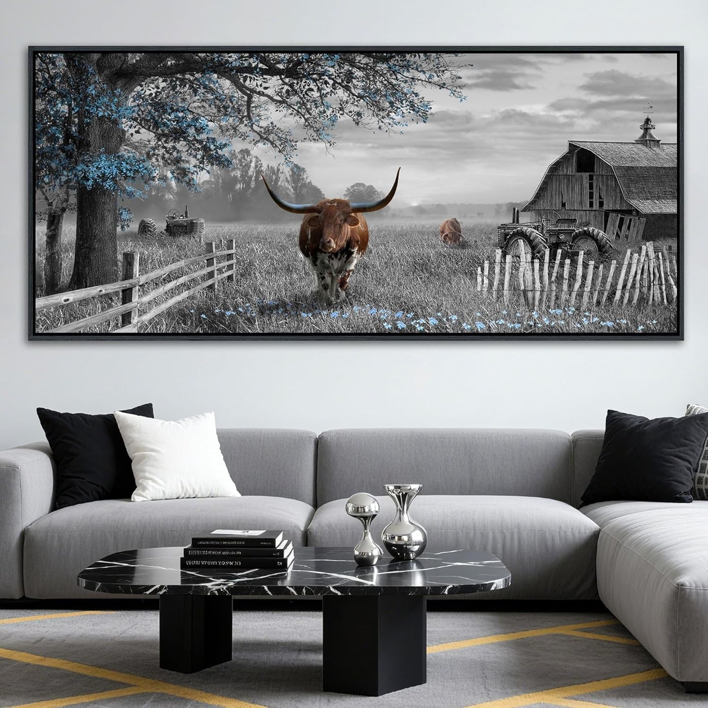 yiijeah Rustic Wall Art - Western Home Decor Cow Picture 86x39 Inches Extra Large Rustic Longhorn Living Room Bedroom Canvas Framed Artwork Farmhouse Wall Decor