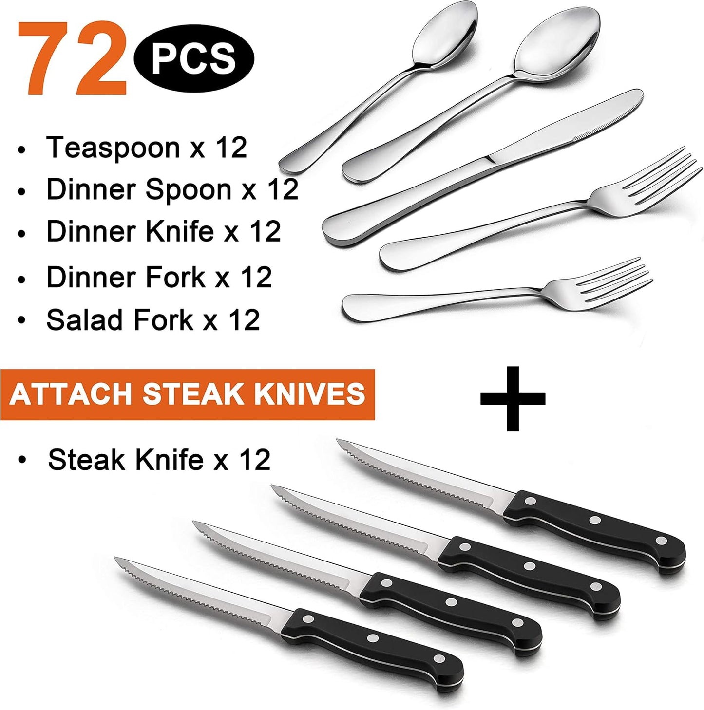 LIANYU 72-Piece Silverware Set with Steak Knives, Stainless Steel Flatware Cutlery Set for 12, Fancy Eating Utensils Tableware, Dishwasher Safe, Mirror Finish