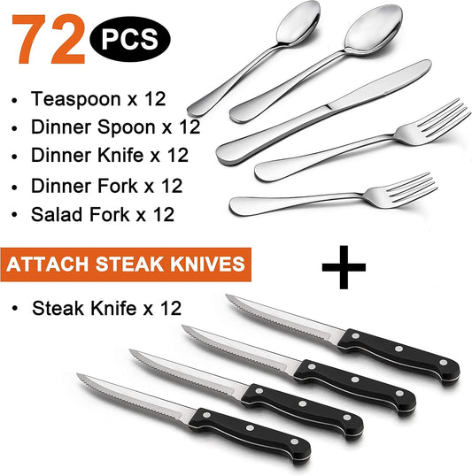 LIANYU 72-Piece Silverware Set with Steak Knives, Stainless Steel Flatware Cutlery Set for 12, Fancy Eating Utensils Tableware, Dishwasher Safe, Mirror Finish