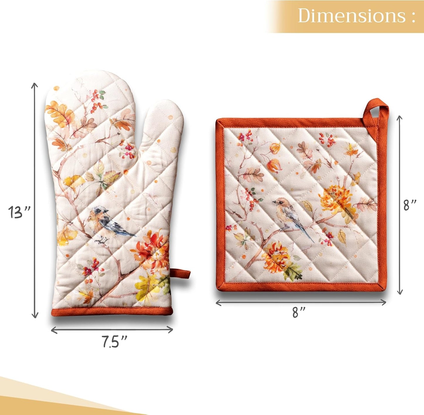 Maison d' Hermine 100% Cotton Oven Mitt & Pot Holder Set (7.5"x13" & 8"x8") Heat Resistant BBQ Cooking Gloves with Loop for Thanksgiving Christmas Decorations Handling Hot Pans (Kelim - Prairie)