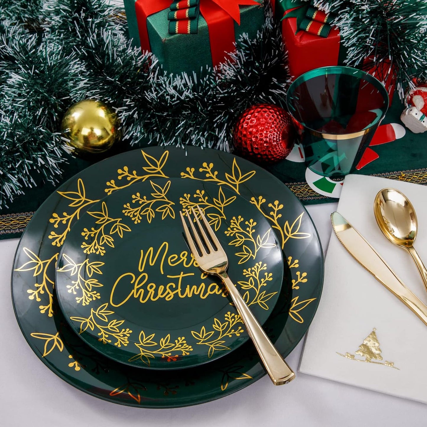 Morejoy 175Pcs Green Gold Christmas Plastic Place Setting, Includes Plates, Cutlery, Cups, Napkins, for Party