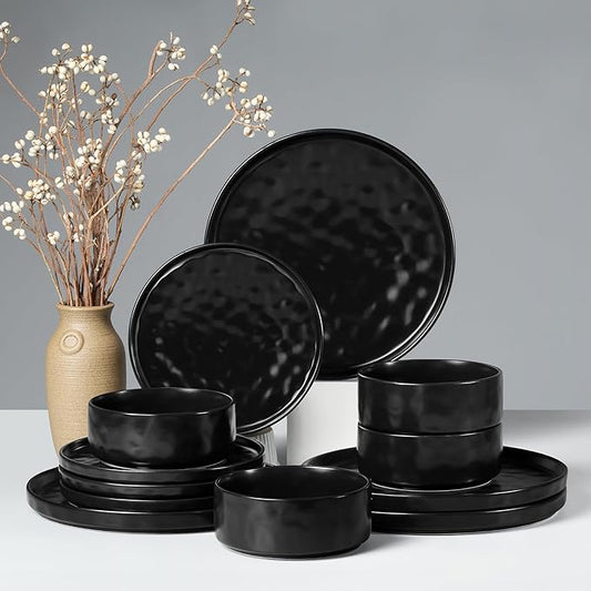 HaWare Dinnerware Sets, 12-Piece Plates and Bowls Set, Stoneware Dish Set for 4, Ceramic Dinnerware for Home Restaurant, Chip and Scratch Resistant, Microwave and Dishwasher Safe, Matte Black