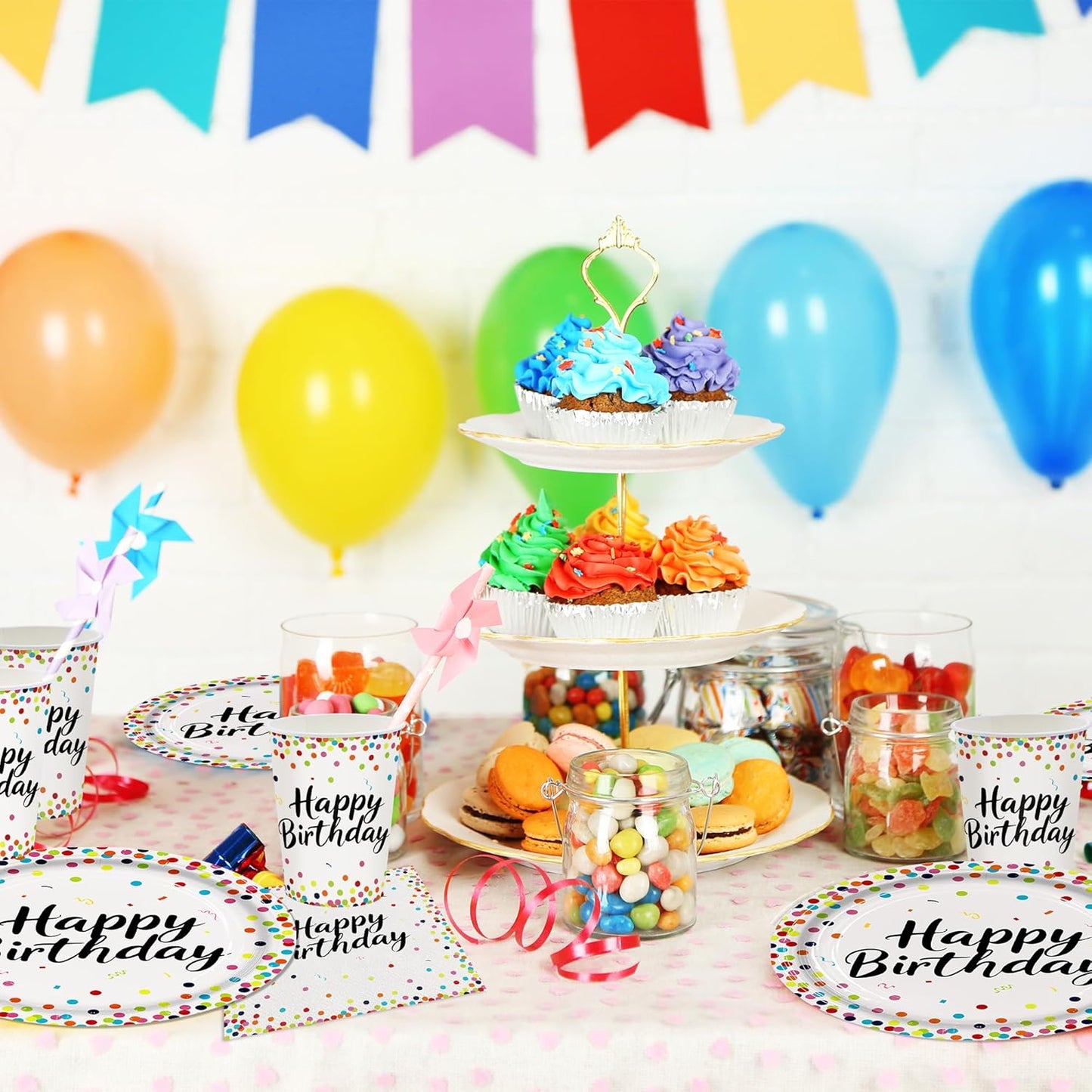 161CT Polka Dot Birthday Party supplies Dinnerware, Include Paper Plates Cups Straws Cutlery, Beige Kitchen Dining Table Decoration for Baby shower, Birthday Party Decor