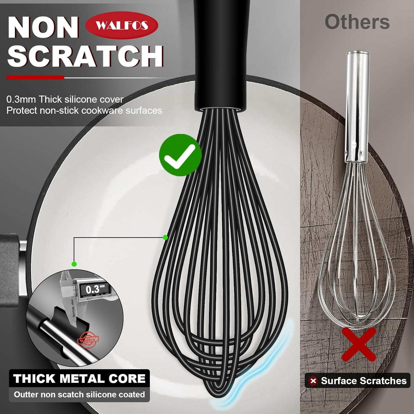 Silicone Whisks set with 7+5in mini stainless steel whisk, Non Scratch Coated 7+9+11in Whisks for Nonstick Cookware,Premium for Blending, Whisking, Beating, Frothing & Stirring