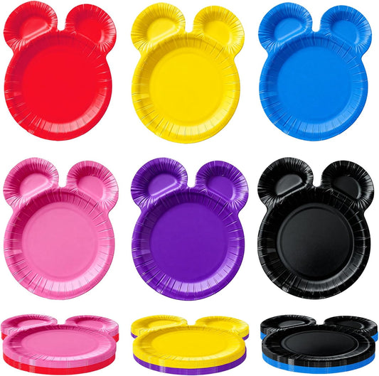 30CT Cute Mouse Head Party Plates for Kids, Cartoon Mouse Paper Plates with Two Dipping Compartments, Multi-Color No Spill 9in Disposable for Birthday, Baby Shower, Celebrations and Daily