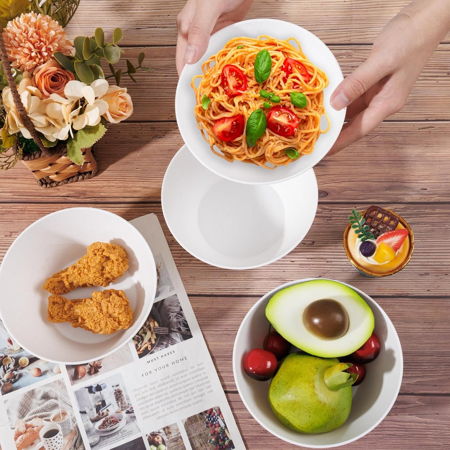 supernal 12PCS White Wheat Straw Bowls - Unbreakable Reusable Soup & Cereal Bowls with Smooth Edges,Fridge & Dishwasher Safe,Hard Plastic Dinnerware for Ramen,Salad,Hot Food(Sturdy & Lightweight)