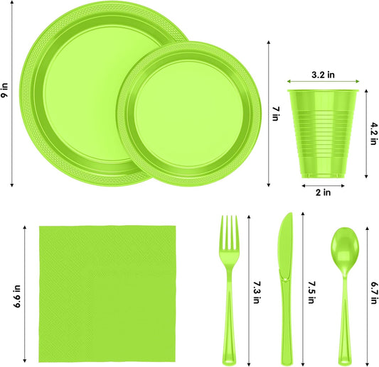 Party Solids 350 Pieces Lime Green Plastic Plates For Party, Lime Green Disposable Plates Set, 50 Of Each 9" Dinner Plate Set, 7" Dessert Plate, Cups, Napkins & Cutlery Plastic Dinnerware